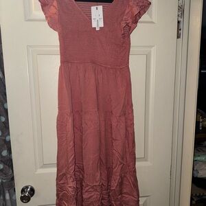 Elegant Mauve Midi Dress with Ruffled Sleeves